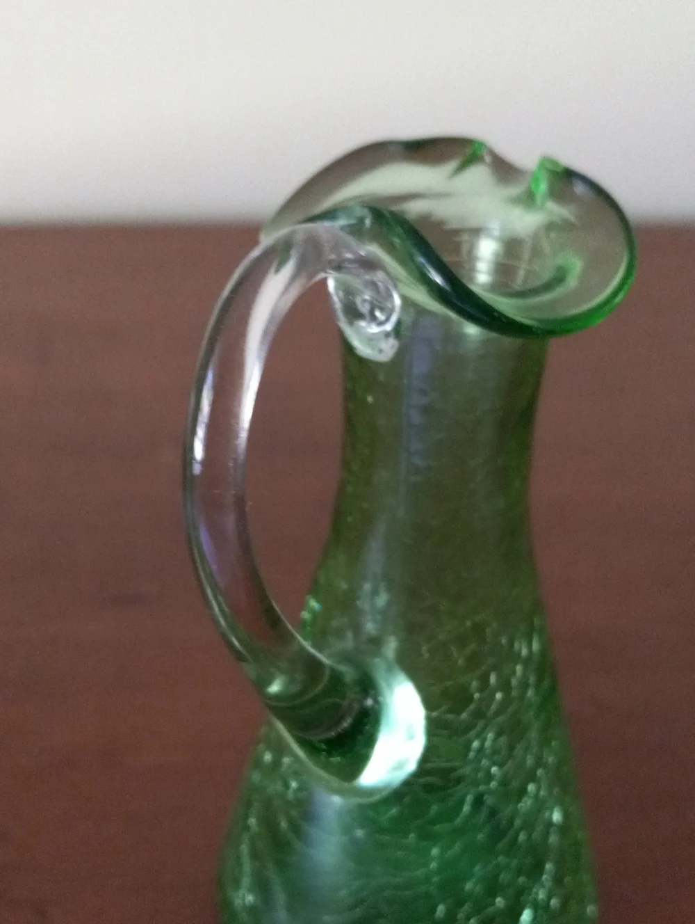 Green Crackle Art Glass Pitcher Vase with Clear Handle
